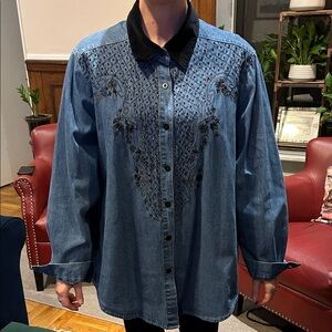 Delta Burke Beaded Denim Shirt with Black Embroidery. Pre-Owned but never worn.